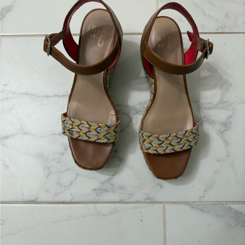 Brown Wedge Sandals with Multicolor Strap